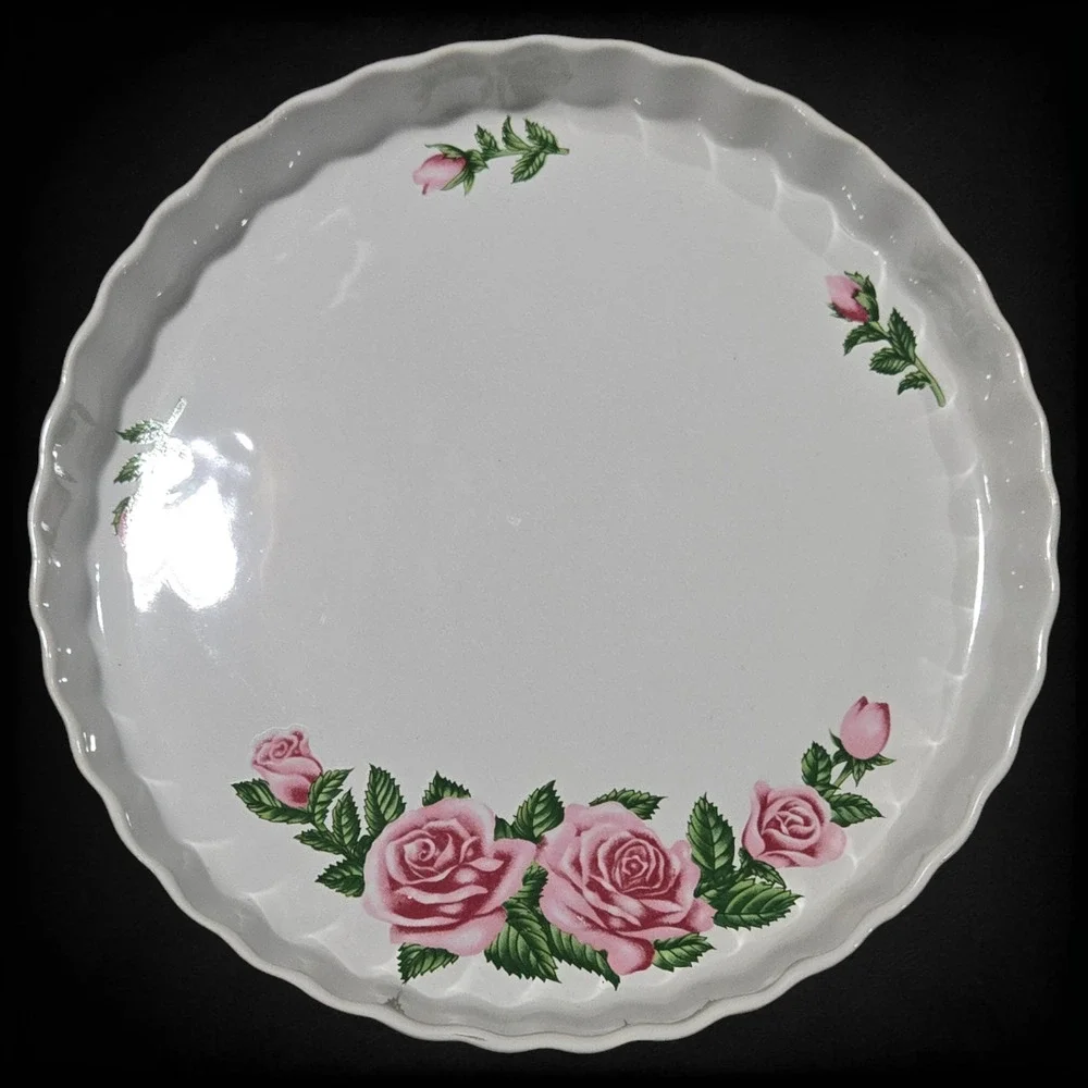 Vintage White Pink Rose Floral Beveled Porcelain 9.5in Quiche Tart 1980s Pie Pan